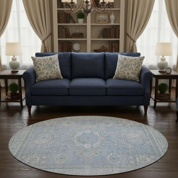 HomeRoots 8' Blue and Gray Oriental Washable Round Rug with UV Protection - Elegant, Durable, Easy Care! 699761