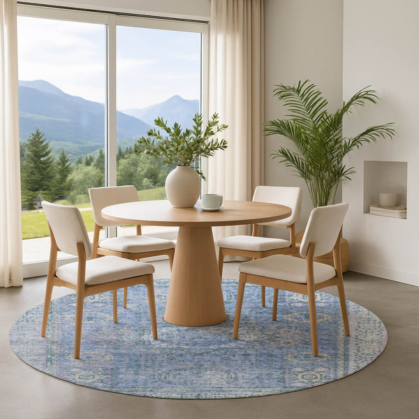 HomeRoots 8' Blue and Gray Oriental Washable Round Rug with UV Protection - Elegant, Durable, Easy Care! 699761