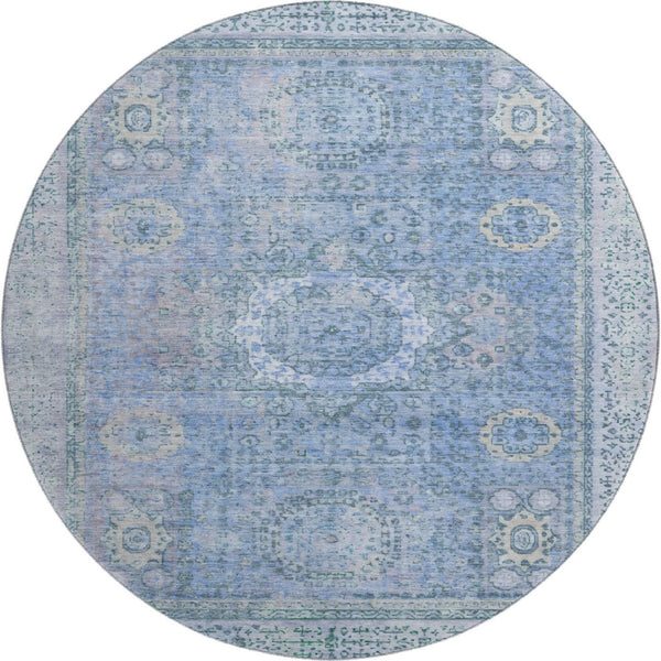HomeRoots 8' Blue and Gray Oriental Washable Round Rug with UV Protection - Elegant, Durable, Easy Care! 699761