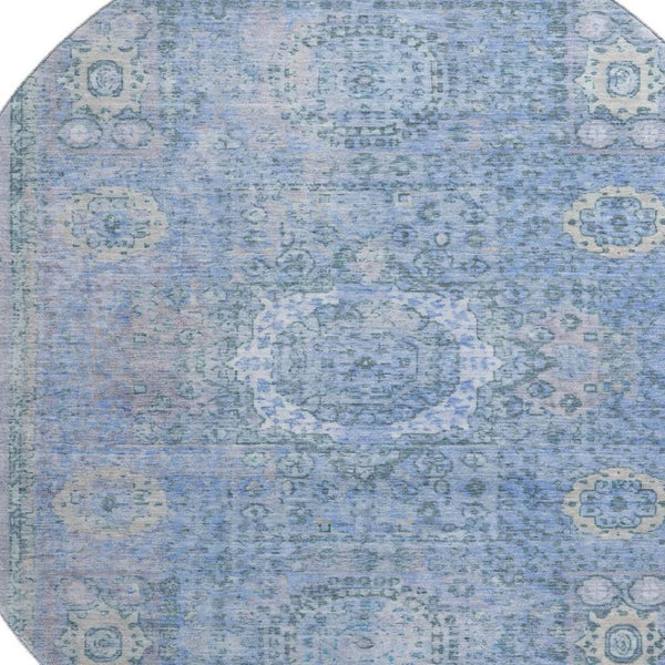 HomeRoots 8' Blue and Gray Oriental Washable Round Rug with UV Protection - Elegant, Durable, Easy Care! 699761