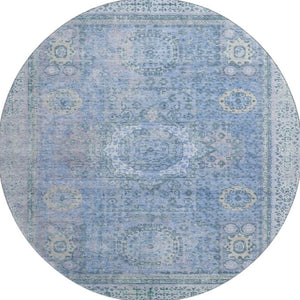 HomeRoots 8' Blue and Gray Oriental Washable Round Rug with UV Protection - Elegant, Durable, Easy Care! 699761