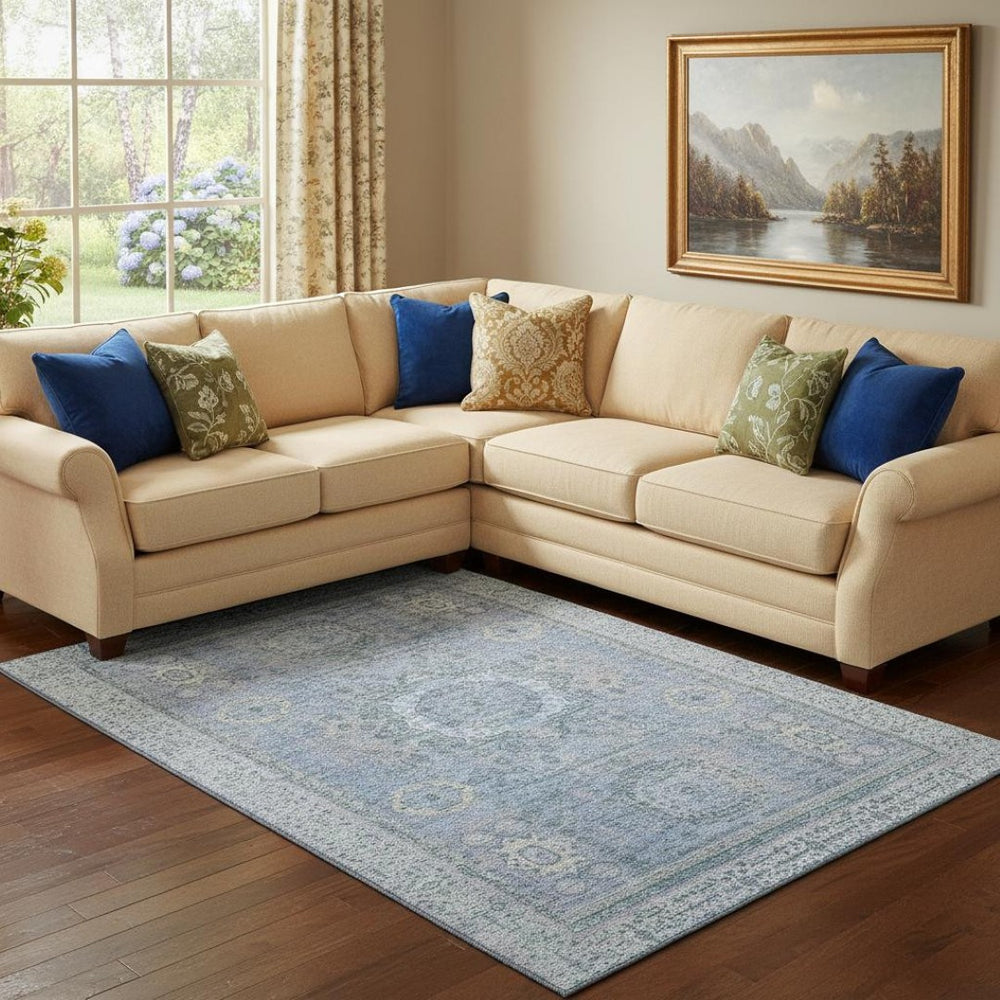 HomeRoots 8' X 10' Washable Blue and Gray Oriental Area Rug with UV Protection for Homes with Kids & Pets 699762