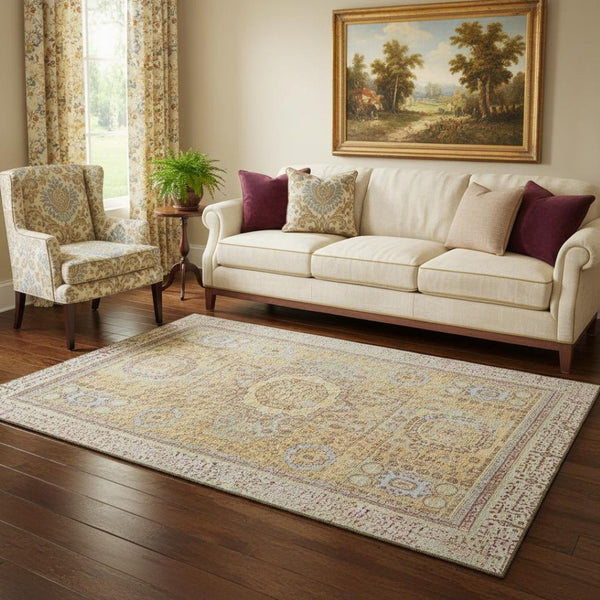 HomeRoots 5' X 8' Gold and Beige Oriental Area Rug - Washable, UV Protected, Stain-Resistant for High Traffic Spaces 699766