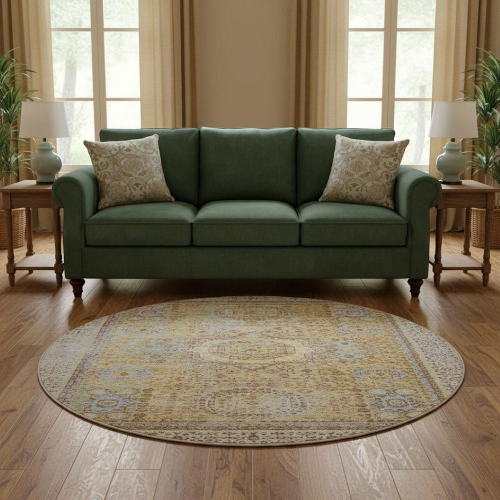 HomeRoots 8' Gold and Beige Oriental Round Rug - Washable, UV-Protected, Perfect for High-Traffic Homes! 699767