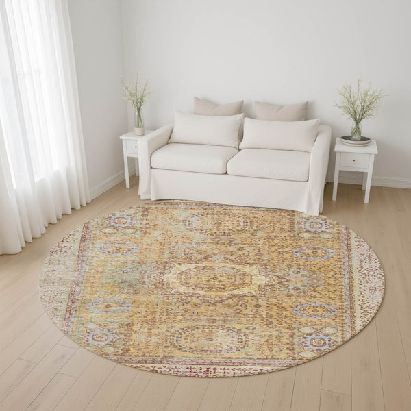 HomeRoots 8' Gold and Beige Oriental Round Rug - Washable, UV-Protected, Perfect for High-Traffic Homes! 699767