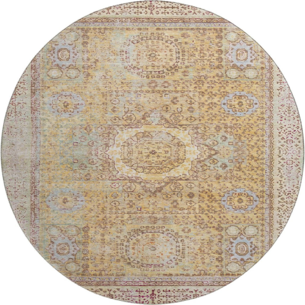 HomeRoots 8' Gold and Beige Oriental Round Rug - Washable, UV-Protected, Perfect for High-Traffic Homes! 699767