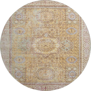 HomeRoots 8' Gold and Beige Oriental Round Rug - Washable, UV-Protected, Perfect for High-Traffic Homes! 699767