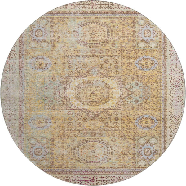 HomeRoots 8' Gold and Beige Oriental Round Rug - Washable, UV-Protected, Perfect for High-Traffic Homes! 699767