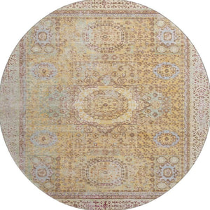 HomeRoots 8' Gold and Beige Oriental Round Rug - Washable, UV-Protected, Perfect for High-Traffic Homes! 699767
