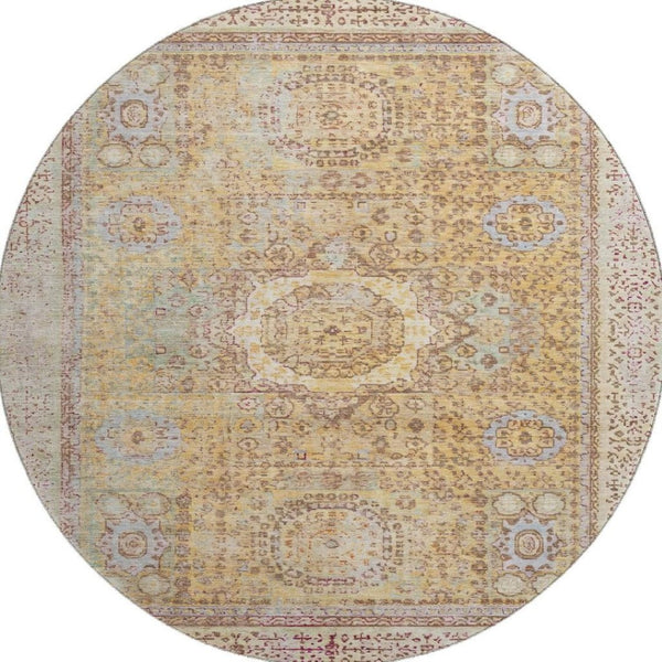 HomeRoots 8' Gold and Beige Oriental Round Rug - Washable, UV-Protected, Perfect for High-Traffic Homes! 699767