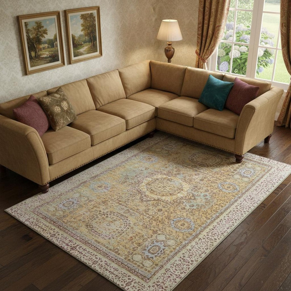 HomeRoots 9' X 12' Gold and Beige Oriental Area Rug - Washable, UV Protected, Durable for Home Elegance 699769