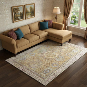 HomeRoots 10' X 14' Gold & Beige Oriental Area Rug - Washable, UV Protected, Stain Resistant & Non-Slip Backing 699770