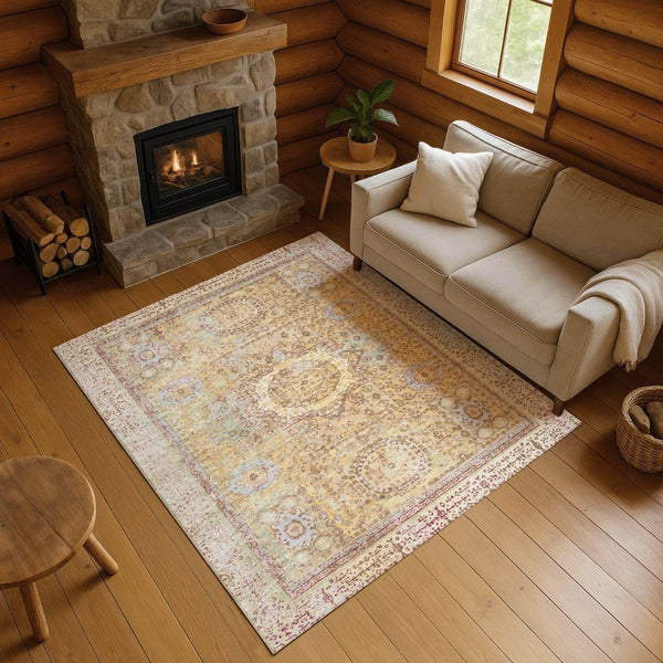 HomeRoots 10' X 14' Gold & Beige Oriental Area Rug - Washable, UV Protected, Stain Resistant & Non-Slip Backing 699770