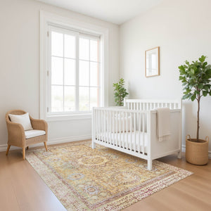 HomeRoots 10' X 14' Gold & Beige Oriental Area Rug - Washable, UV Protected, Stain Resistant & Non-Slip Backing 699770