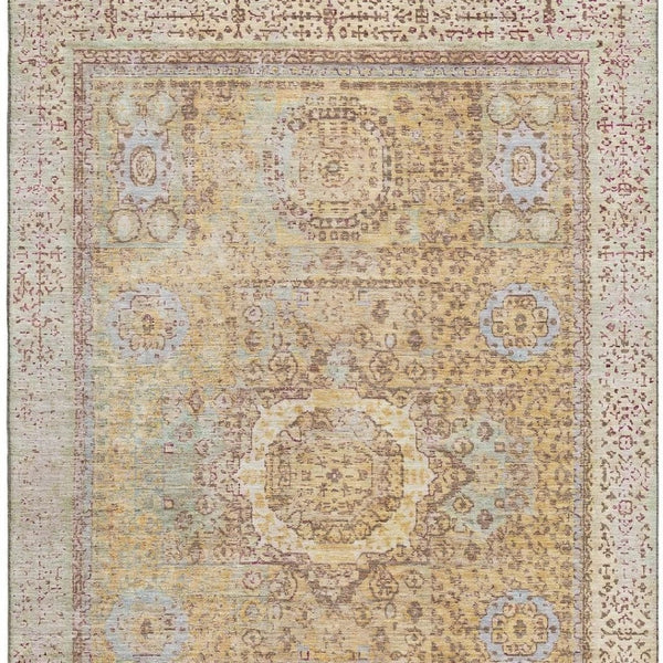 HomeRoots 10' X 14' Gold & Beige Oriental Area Rug - Washable, UV Protected, Stain Resistant & Non-Slip Backing 699770