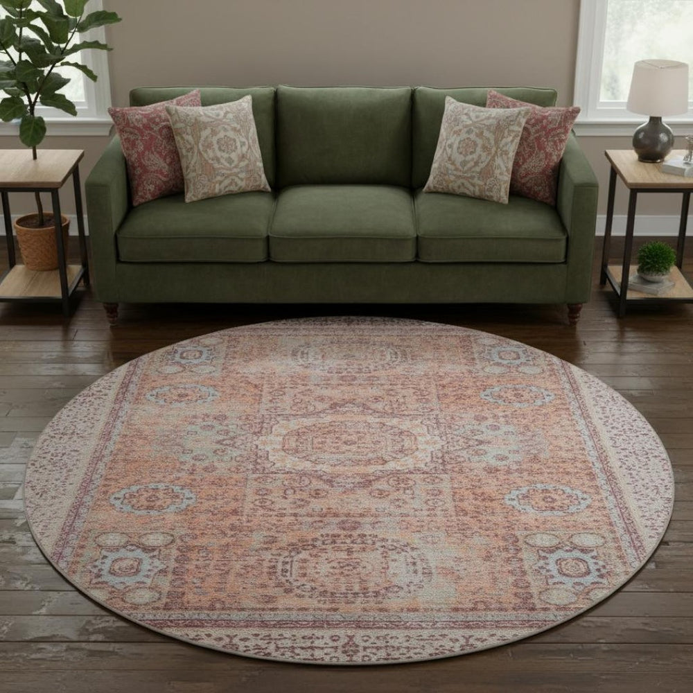 HomeRoots 8' Vibrant Orange and Gray Oriental Round Rug - Washable, UV-Protected, Stain-Resistant Beauty! 699773