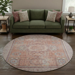 HomeRoots 8' Vibrant Orange and Gray Oriental Round Rug - Washable, UV-Protected, Stain-Resistant Beauty! 699773
