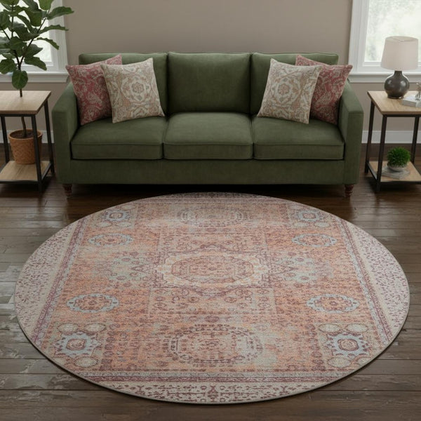 HomeRoots 8' Vibrant Orange and Gray Oriental Round Rug - Washable, UV-Protected, Stain-Resistant Beauty! 699773