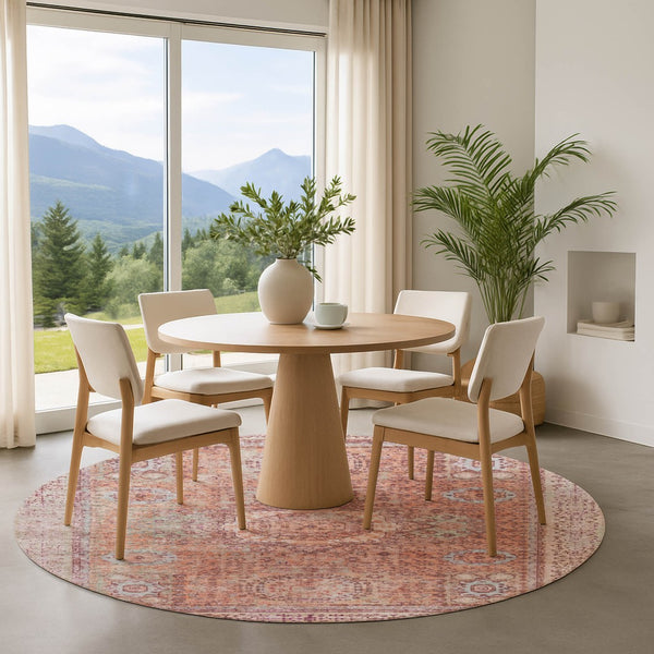 HomeRoots 8' Vibrant Orange and Gray Oriental Round Rug - Washable, UV-Protected, Stain-Resistant Beauty! 699773