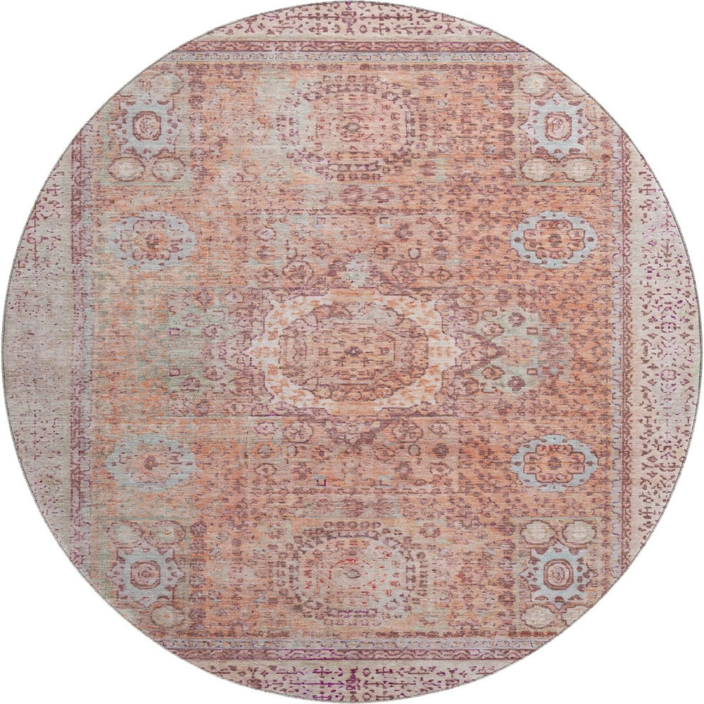 HomeRoots 8' Vibrant Orange and Gray Oriental Round Rug - Washable, UV-Protected, Stain-Resistant Beauty! 699773