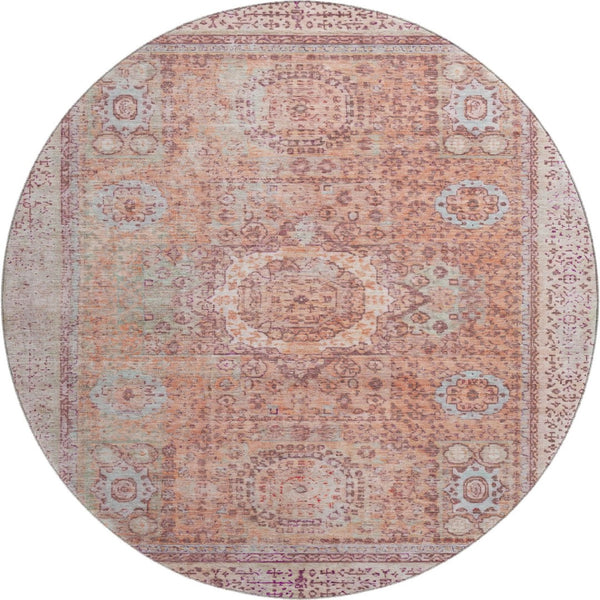 HomeRoots 8' Vibrant Orange and Gray Oriental Round Rug - Washable, UV-Protected, Stain-Resistant Beauty! 699773
