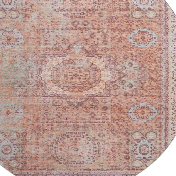 HomeRoots 8' Vibrant Orange and Gray Oriental Round Rug - Washable, UV-Protected, Stain-Resistant Beauty! 699773