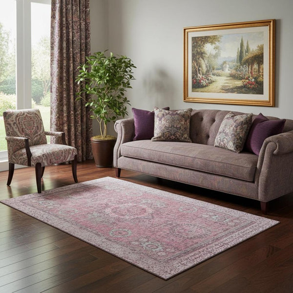 HomeRoots 5' X 8' Pink and Gray Oriental Area Rug – Washable, UV Protected, Stylish and Durable for Homes 699778