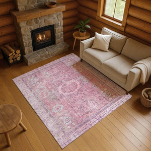 HomeRoots 5' X 8' Pink and Gray Oriental Area Rug – Washable, UV Protected, Stylish and Durable for Homes 699778