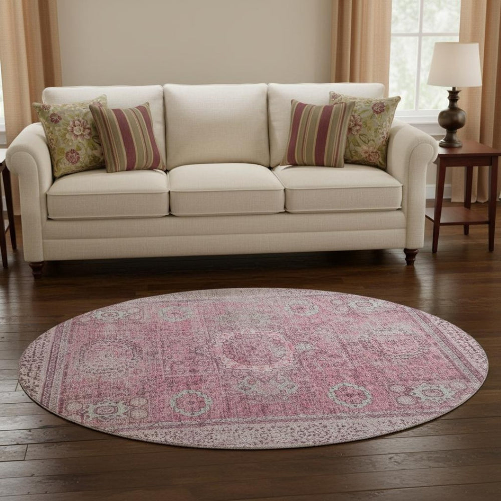 HomeRoots 8' Pink and Gray Oriental Washable Round Rug with Stain Resistance, UV Protection & Non-Slip Backing 699779