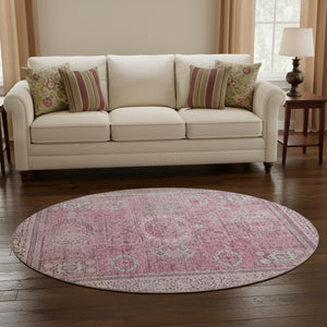 HomeRoots 8' Pink and Gray Oriental Washable Round Rug with Stain Resistance, UV Protection & Non-Slip Backing 699779