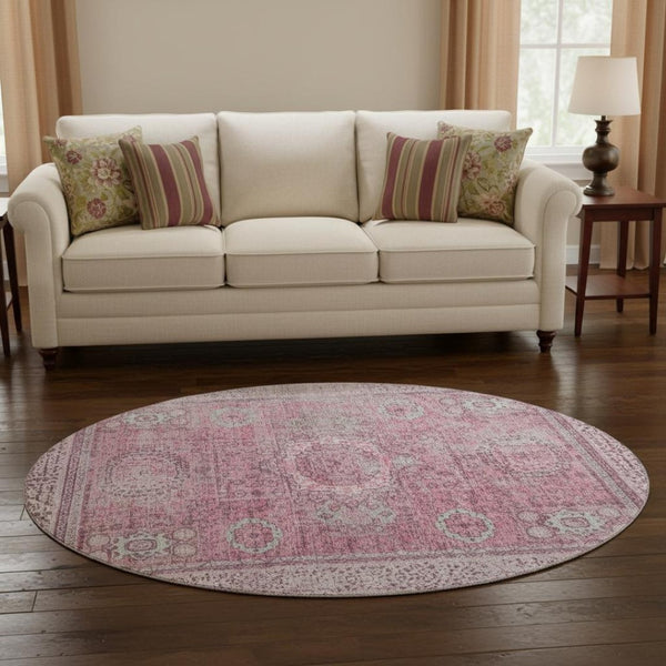 HomeRoots 8' Pink and Gray Oriental Washable Round Rug with Stain Resistance, UV Protection & Non-Slip Backing 699779