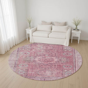 HomeRoots 8' Pink and Gray Oriental Washable Round Rug with Stain Resistance, UV Protection & Non-Slip Backing 699779