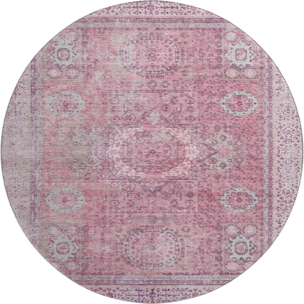 HomeRoots 8' Pink and Gray Oriental Washable Round Rug with Stain Resistance, UV Protection & Non-Slip Backing 699779