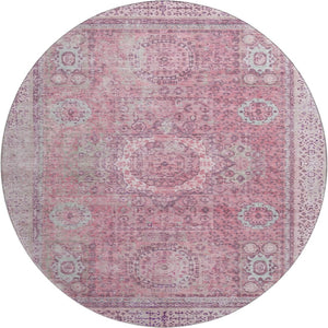HomeRoots 8' Pink and Gray Oriental Washable Round Rug with Stain Resistance, UV Protection & Non-Slip Backing 699779