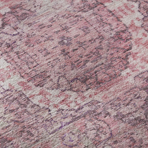 HomeRoots 8' Pink and Gray Oriental Washable Round Rug with Stain Resistance, UV Protection & Non-Slip Backing 699779