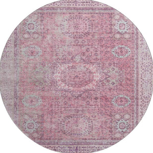 HomeRoots 8' Pink and Gray Oriental Washable Round Rug with Stain Resistance, UV Protection & Non-Slip Backing 699779