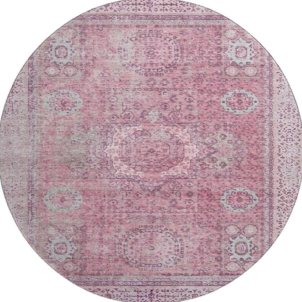 HomeRoots 8' Pink and Gray Oriental Washable Round Rug with Stain Resistance, UV Protection & Non-Slip Backing 699779