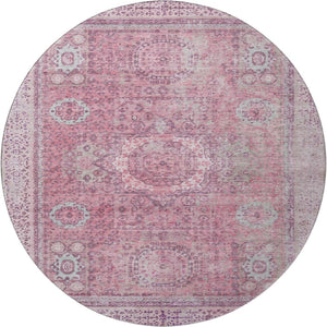 HomeRoots 8' Pink and Gray Oriental Washable Round Rug with Stain Resistance, UV Protection & Non-Slip Backing 699779