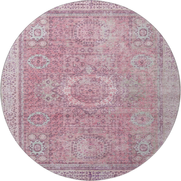 HomeRoots 8' Pink and Gray Oriental Washable Round Rug with Stain Resistance, UV Protection & Non-Slip Backing 699779