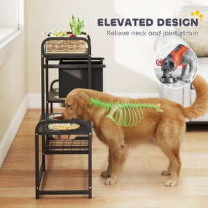 English Elm Pawhut Elevated Dual Feeding Station Steel Frame Adjustable Height with Storage Drawer W2225P485640
