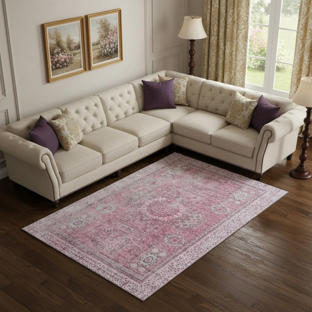 HomeRoots 9' X 12' Pink and Gray Oriental Area Rug - Stylish, Washable, Stain-Resistant with UV Protection! 699781