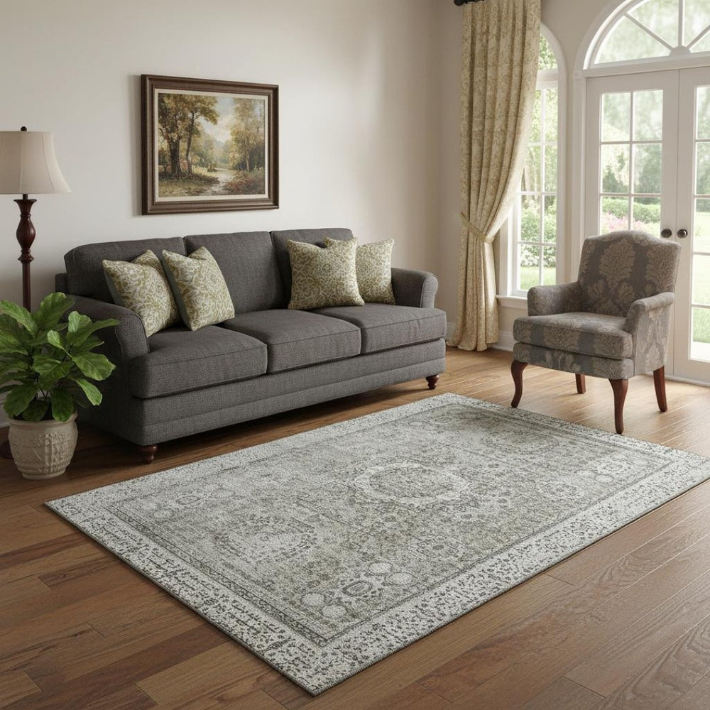 HomeRoots 5' X 8' Elegant Pewter and Silver Oriental Area Rug – Washable, Stain-Resistant, UV Protected! 699784