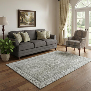HomeRoots 5' X 8' Elegant Pewter and Silver Oriental Area Rug – Washable, Stain-Resistant, UV Protected! 699784