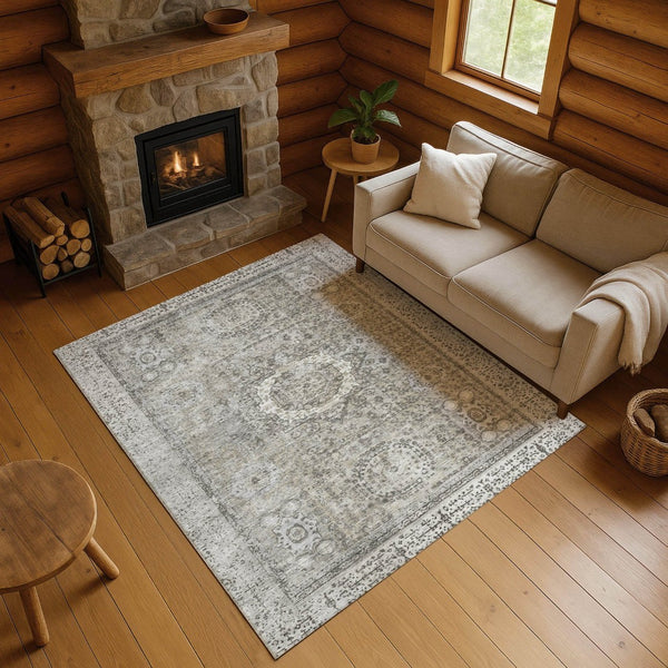 HomeRoots 5' X 8' Elegant Pewter and Silver Oriental Area Rug – Washable, Stain-Resistant, UV Protected! 699784
