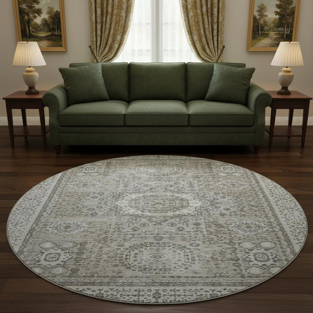 HomeRoots 8' Pewter and Silver Oriental Round Rug - Washable, UV Protected, Durable & Stain Resistant Design 699785