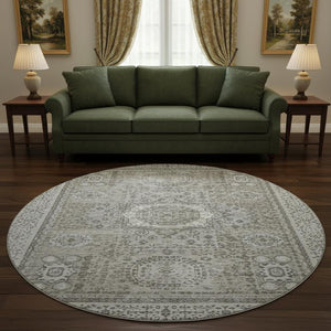 HomeRoots 8' Pewter and Silver Oriental Round Rug - Washable, UV Protected, Durable & Stain Resistant Design 699785