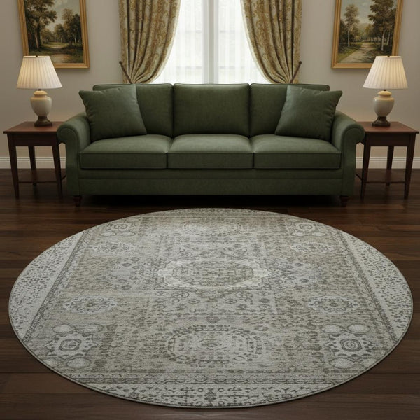 HomeRoots 8' Pewter and Silver Oriental Round Rug - Washable, UV Protected, Durable & Stain Resistant Design 699785