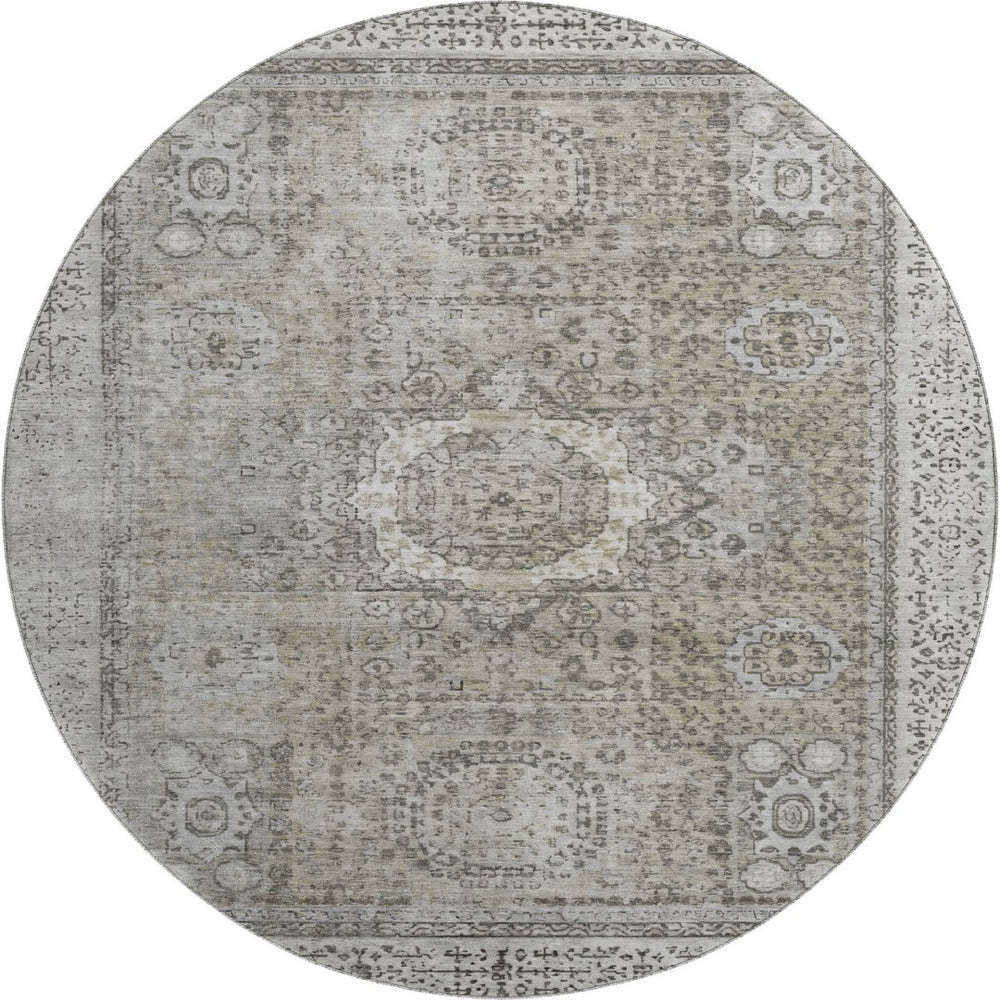 HomeRoots 8' Pewter and Silver Oriental Round Rug - Washable, UV Protected, Durable & Stain Resistant Design 699785