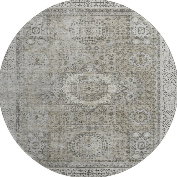 HomeRoots 8' Pewter and Silver Oriental Round Rug - Washable, UV Protected, Durable & Stain Resistant Design 699785