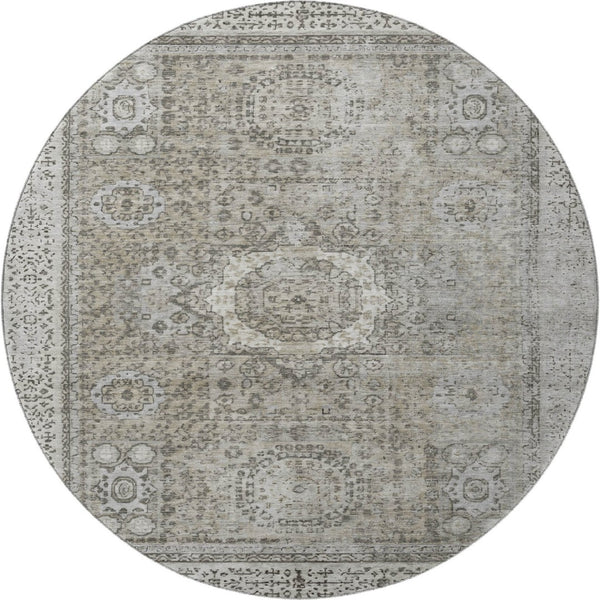 HomeRoots 8' Pewter and Silver Oriental Round Rug - Washable, UV Protected, Durable & Stain Resistant Design 699785